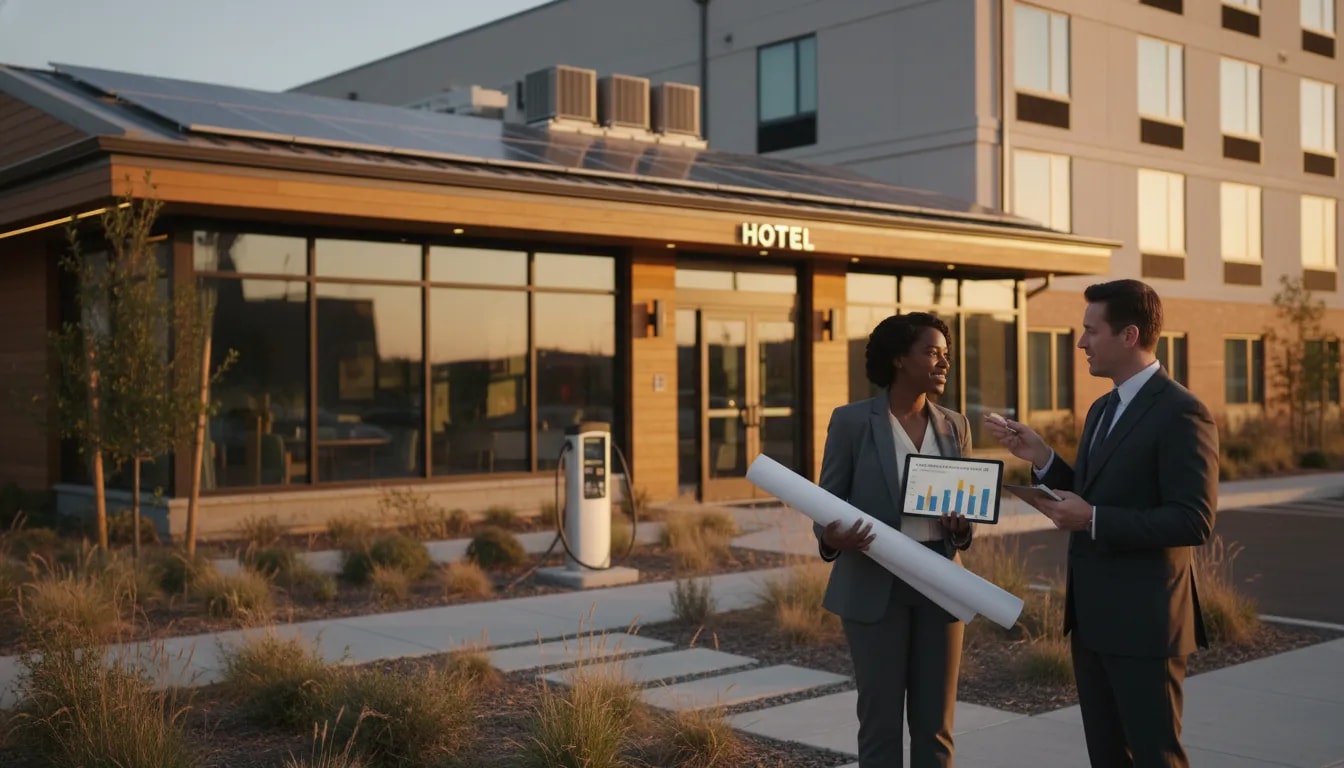 Boutique hotel with rooftop solar panels and owner reviewing plans with a lender, illustrating green upgrades for hotels and hospitality.