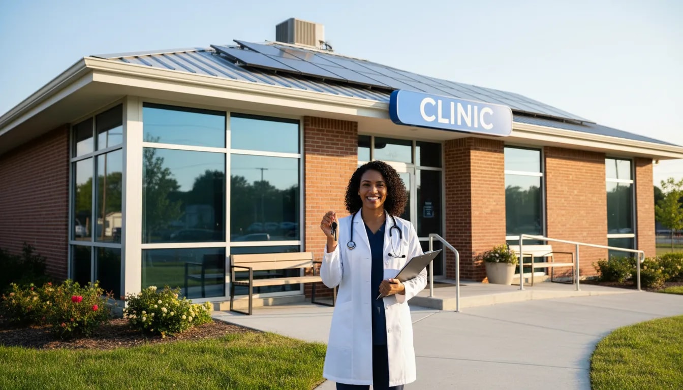 Medical clinic owner standing outside an energy-efficient clinic with solar panels and modern windows